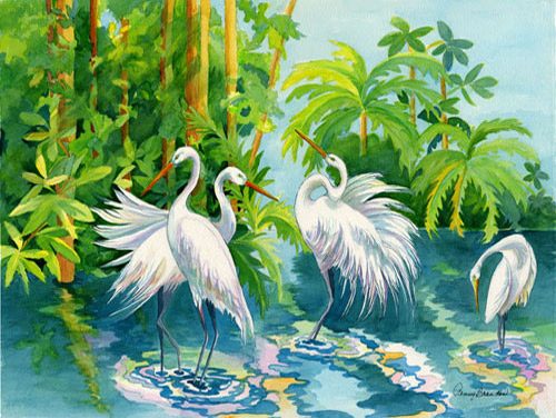 Four White Herons